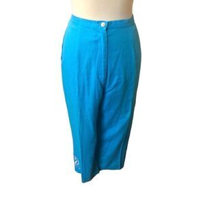 Bob Mackie Wearable Art turquoise pants with seahorse embroidered on right leg